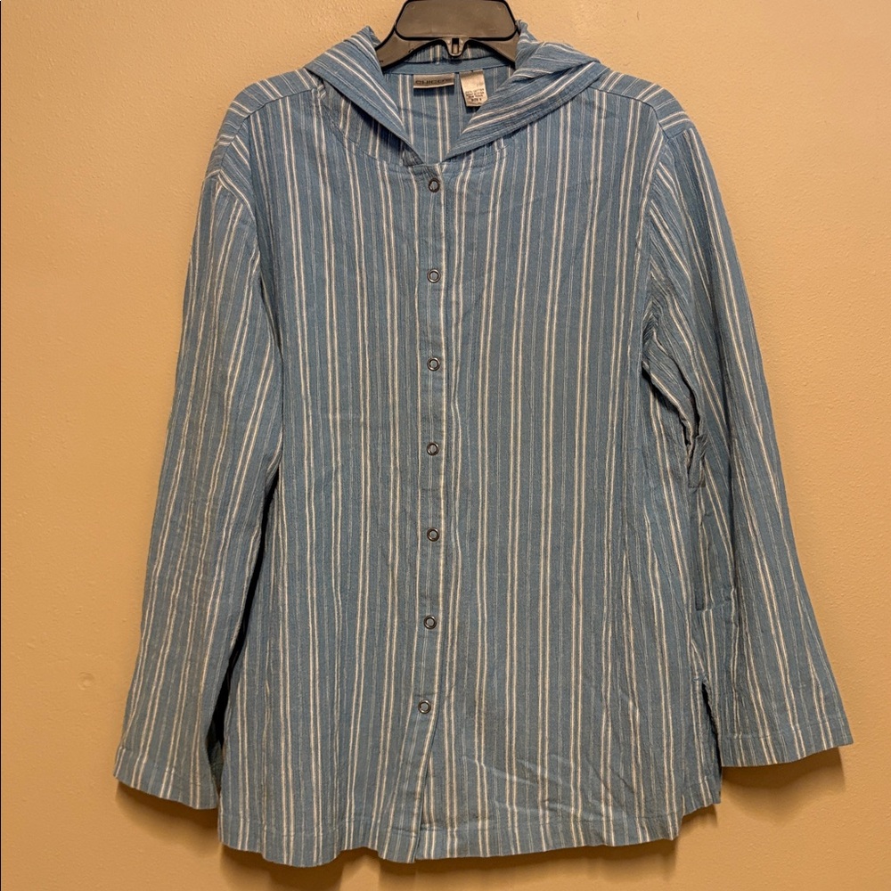 Chicos Striped Snap Front Long Sleeve Hoodie Shirt